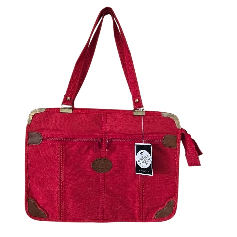 Holiday Fair  Red Canvas Briefcase Genuine‎ Leather Trim Vintage